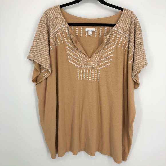 J Jill Pure Jill Elements Womens Top Size 3X Tan Light Brown Embroidered Linen - Picture 1 of 11